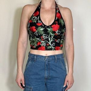Y2K Vibes Black Rose Halter Top Size Small Medium